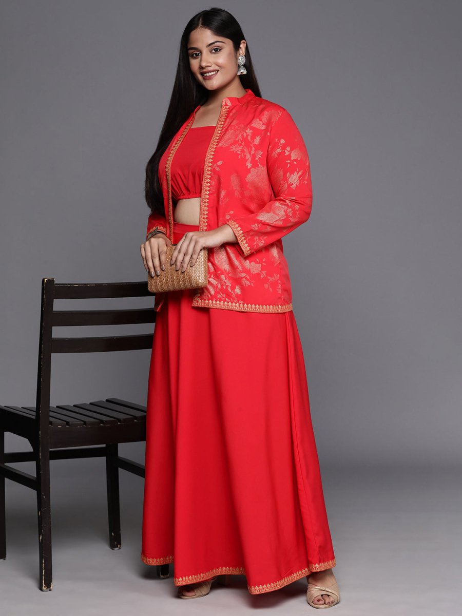 Ahalyaa Plus Size Ethnic Top & Skirt with Shrug | Grocsy