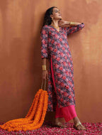 trueBrowns Pink Print High Slit Kurta Set | Grocsy
