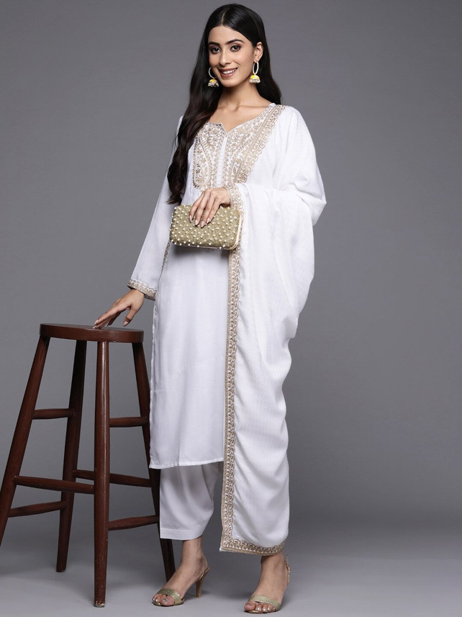 Ahalyaa Women White Ethnic Motifs Embroidered Aari Work Pashmina Kurta with Salwar & With Dupatta | Grocsy
