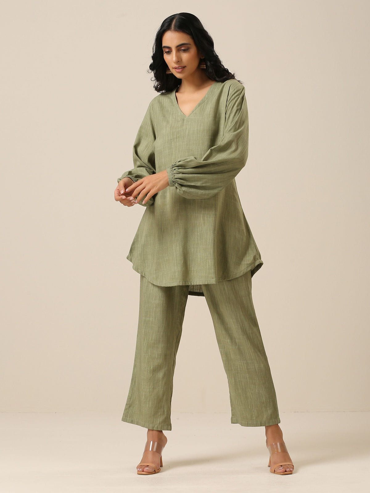trueBrowns Sage Slub Textured Short Co-Ord Set | Grocsy