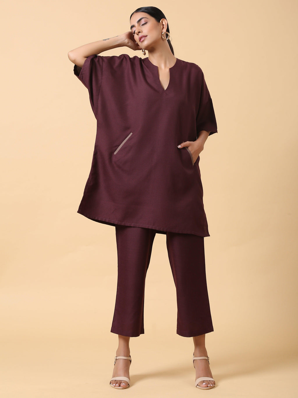 trueBrowns Cotton Linen Purple Boxy Fit Co-Ord Set | Grocsy