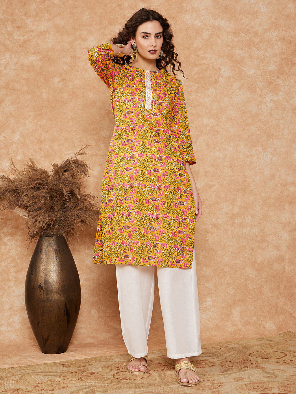 InWeave Women's Mustard Green Lace Gota Work Straight Kurta | Grocsy