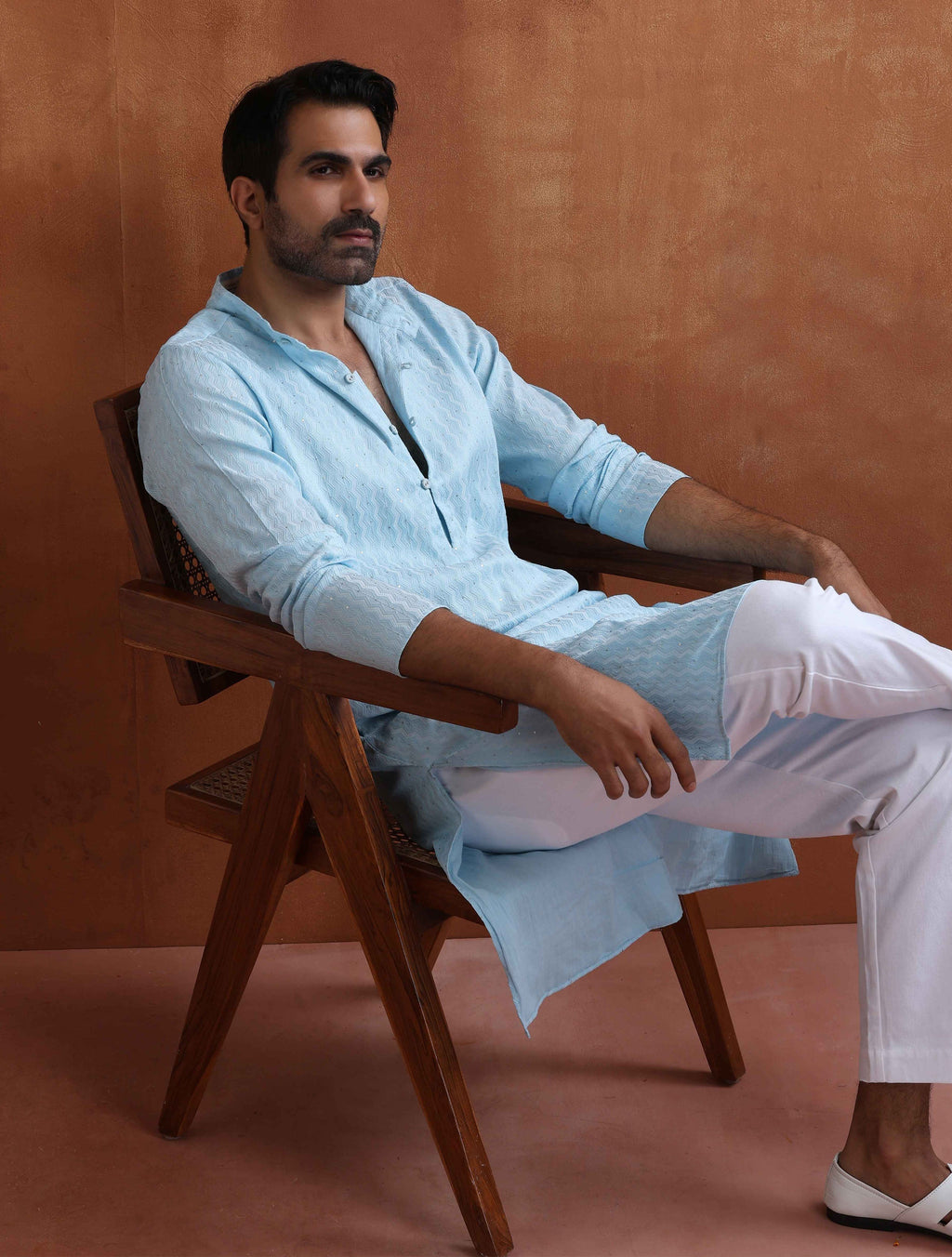 trueBrowns Men's Blue Sequin Chanderi Kurta | Grocsy