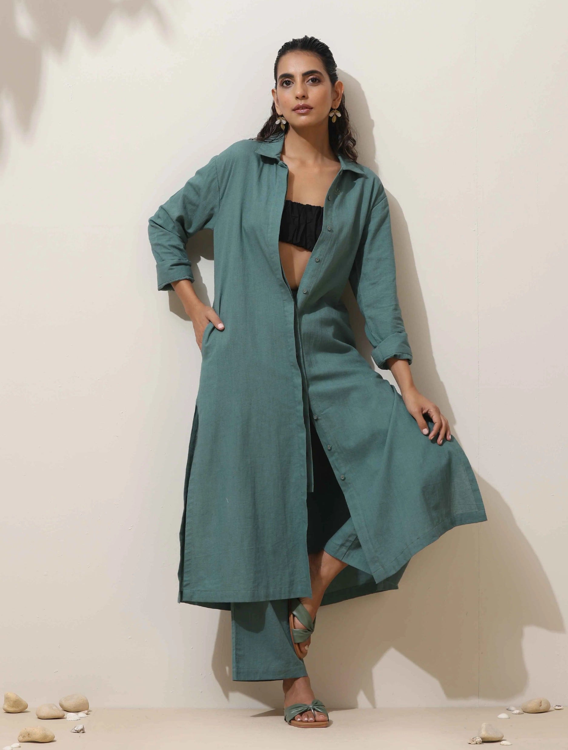 trueBrowns Green Cotton Linen Kurta Pant Set | Grocsy