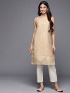Ahalyaa Women Tan & Gold-Toned Geometric Printed Kurta | Grocsy