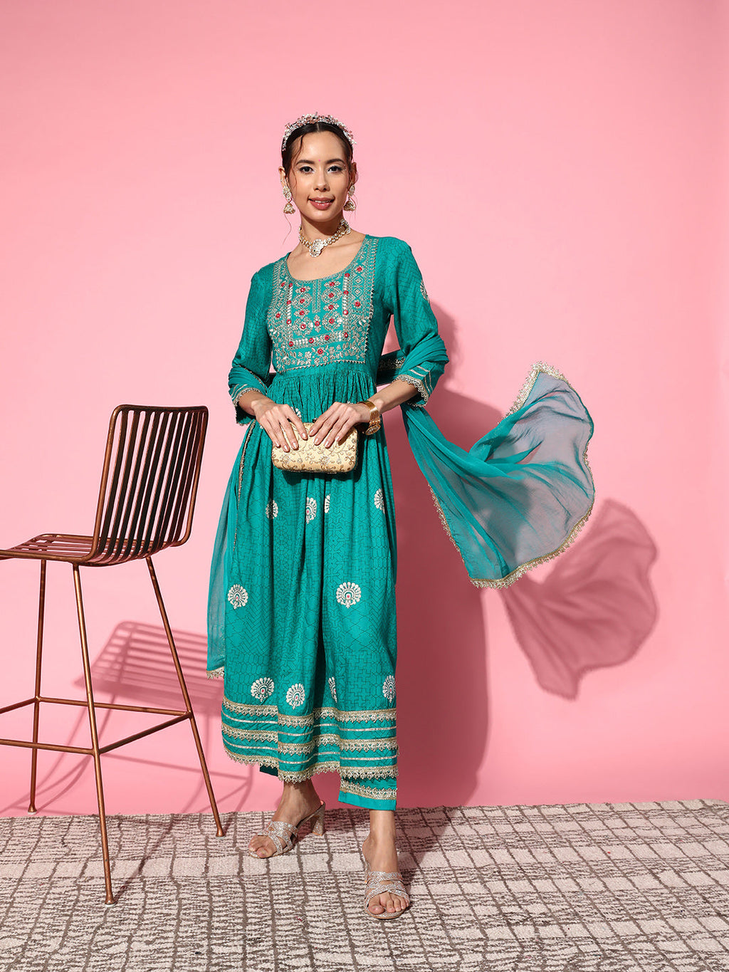 InWeave Women's Teal Nyra Cut Embroidered Kurta Set With Dupatta | Grocsy
