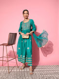 InWeave Women's Teal Nyra Cut Embroidered Kurta Set With Dupatta | Grocsy