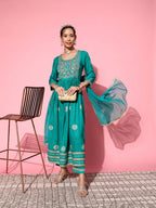 InWeave Women's Teal Nyra Cut Embroidered Kurta Set With Dupatta | Grocsy