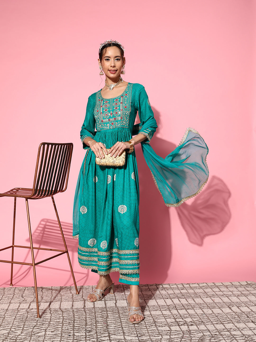 InWeave Women's Teal Nyra Cut Embroidered Kurta Set With Dupatta | Grocsy
