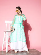 InWeave Women's Cream Strappy Kurta Set With Teal Organza Cape | Grocsy