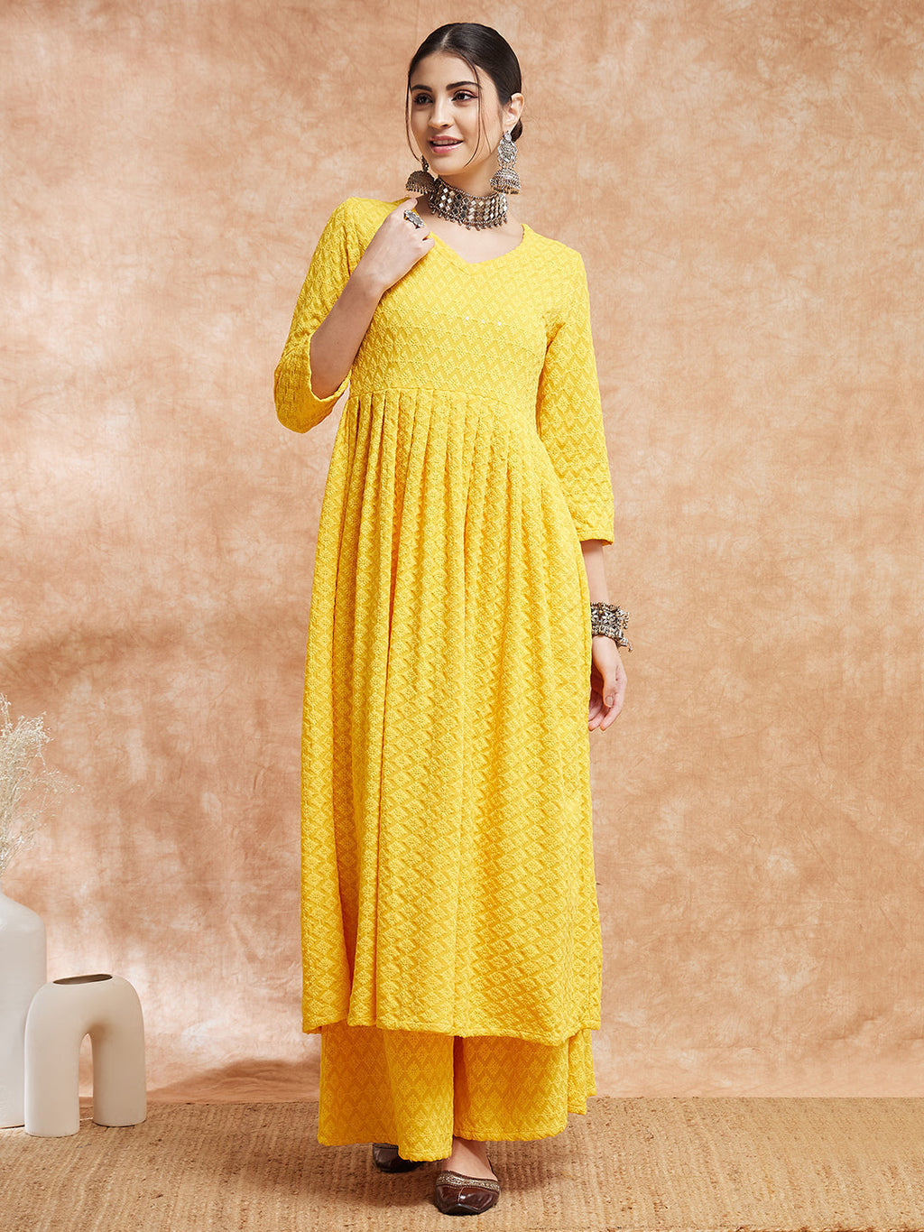 InWeave Women's Butter Yellow Chikankari Long Anarkali Kurta Sharara Set | Grocsy