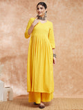 InWeave Women's Butter Yellow Chikankari Long Anarkali Kurta Sharara Set | Grocsy