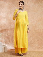 InWeave Women's Butter Yellow Chikankari Long Anarkali Kurta Sharara Set | Grocsy