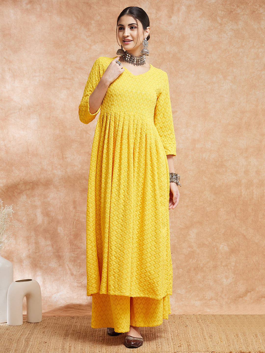 InWeave Women's Butter Yellow Chikankari Long Anarkali Kurta Sharara Set | Grocsy