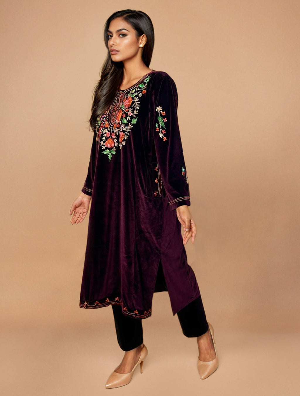trueBrowns Maroon Velvet Embroidered Kurta Set | Grocsy