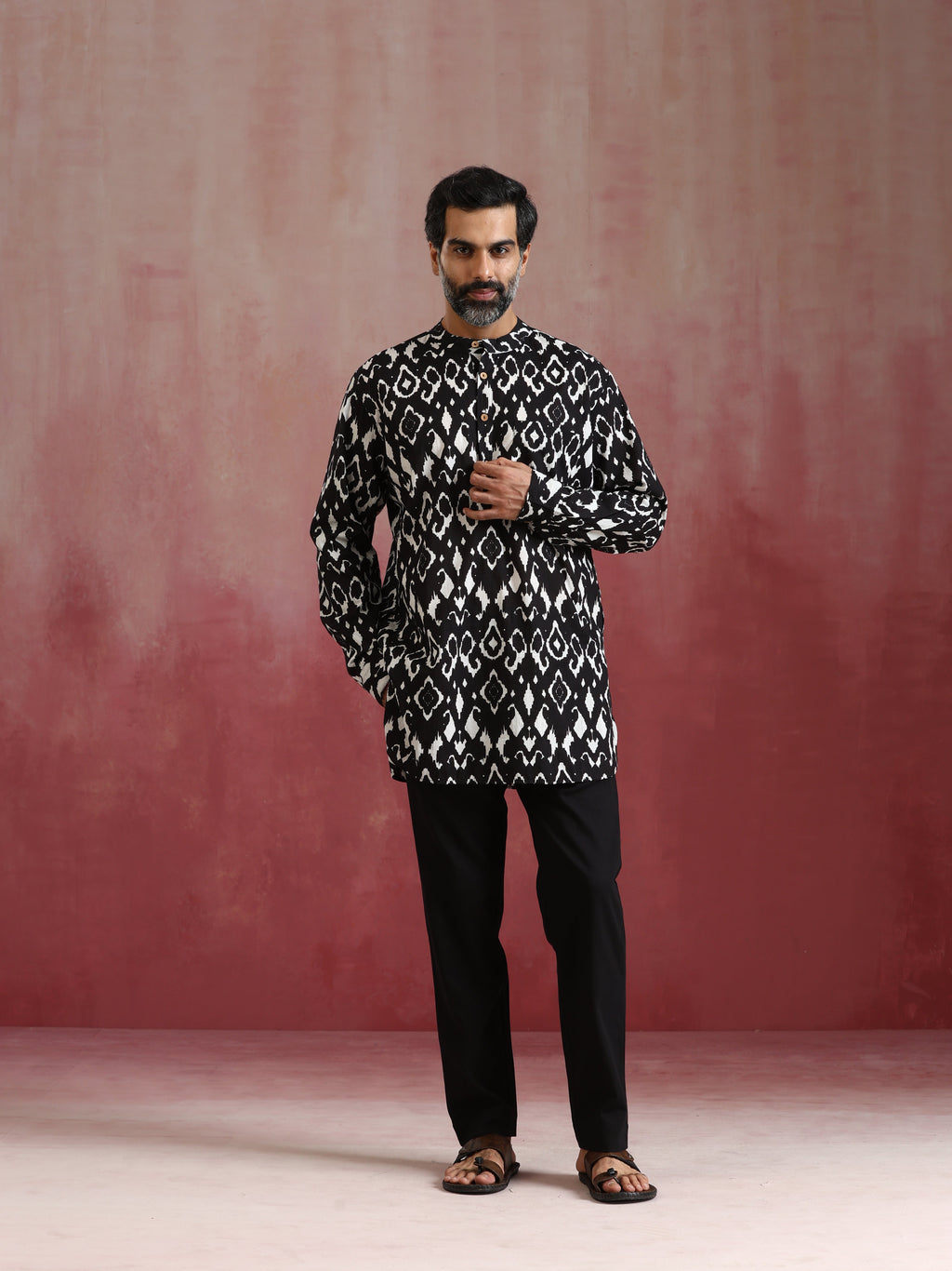 trueBrowns Men's Black Ikat Print Mandarin Collar Kurta Co-ord set | Grocsy