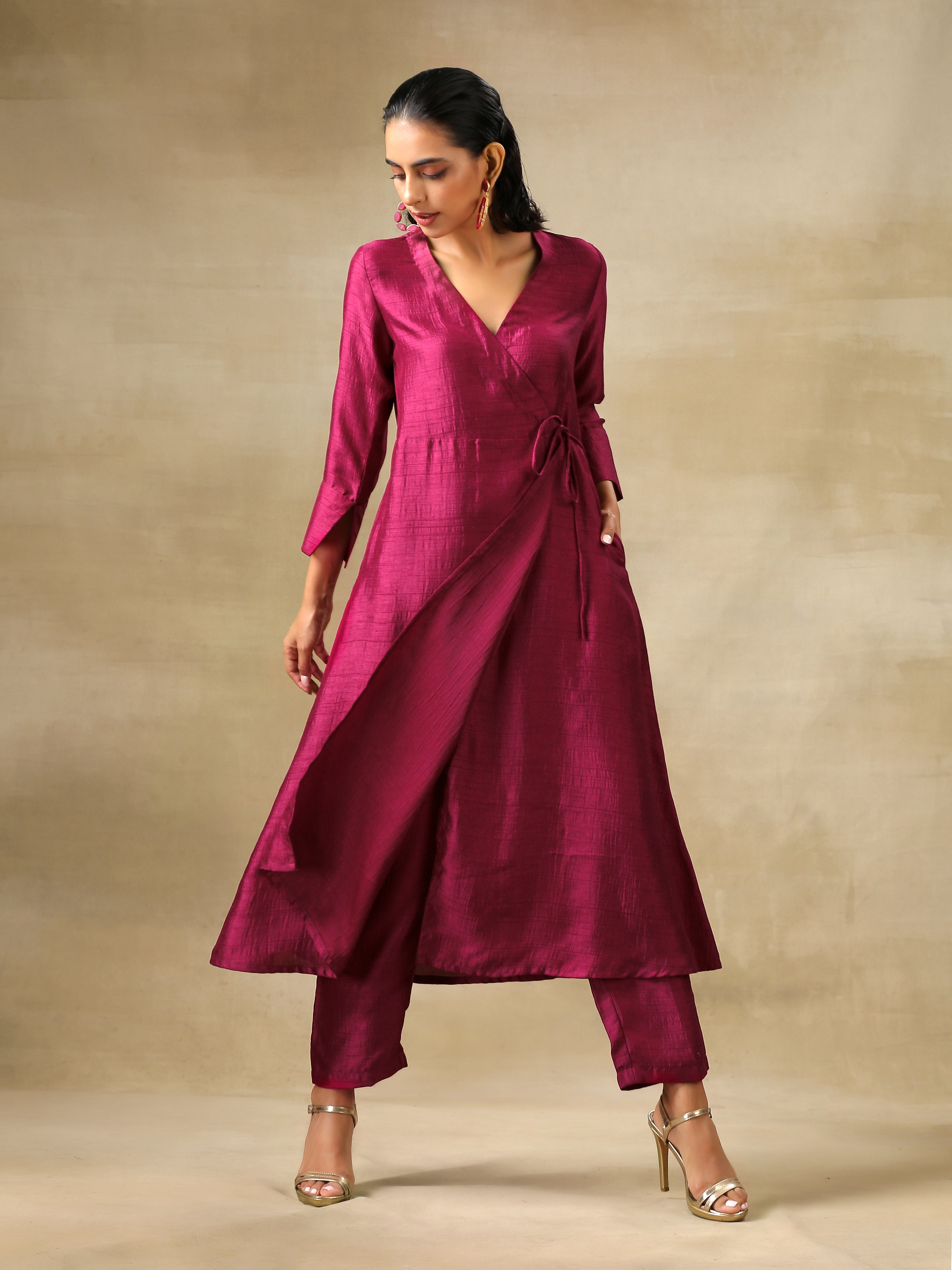 trueBrowns Purple Textured Silk Angrakha Kurta Pant Set | Grocsy