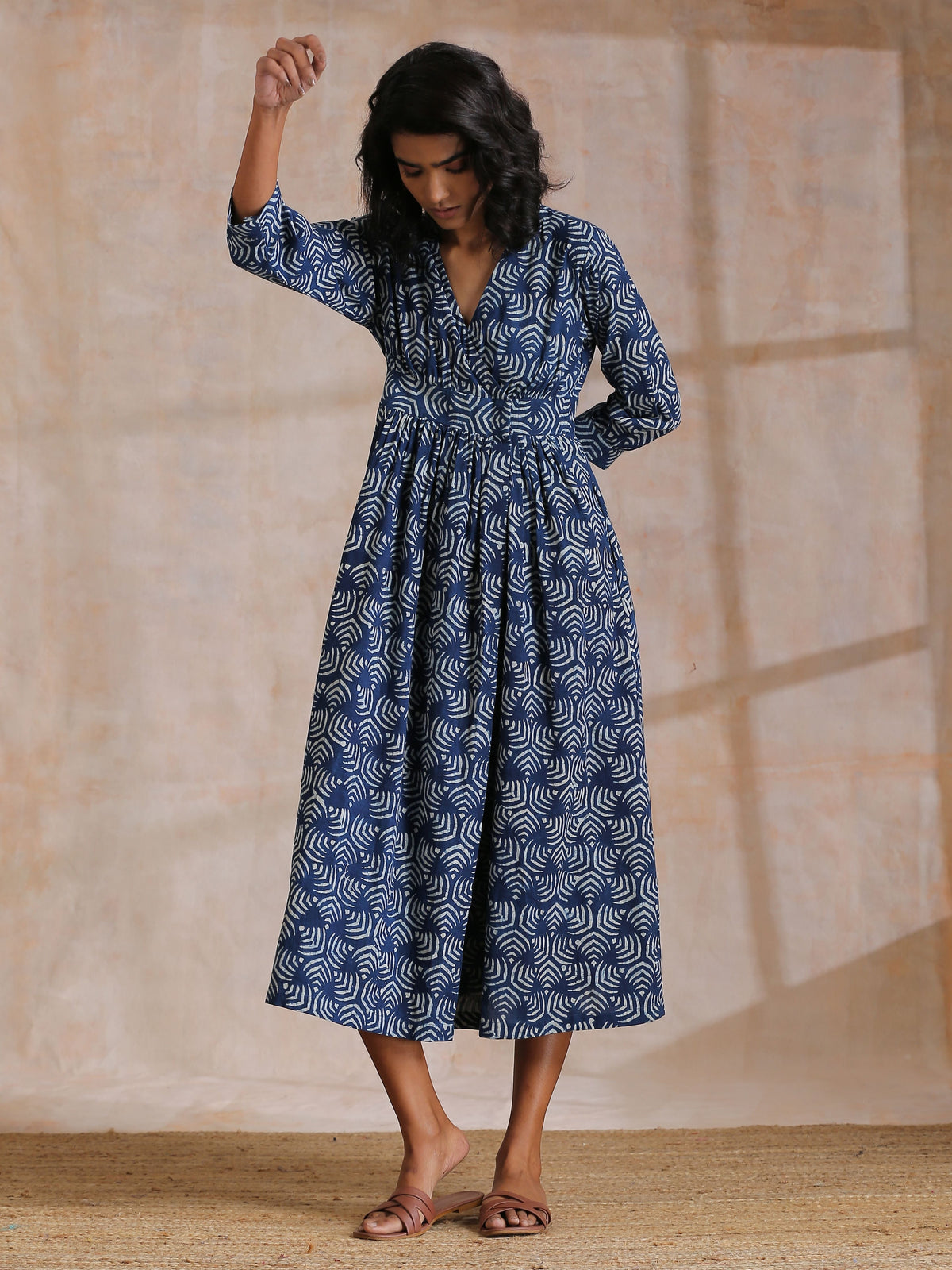 trueBrowns Indigo Dabu Overall Print Cotton Wrap Dress | Grocsy