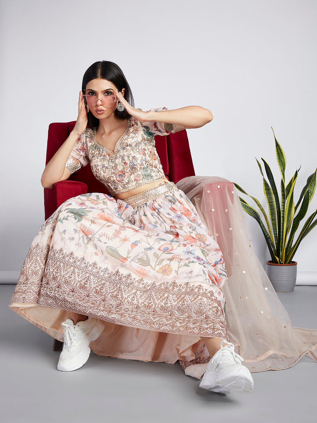 House of Panchhi Cream Colour Organza Floral Design Digital Print Lehenga Choli & Dupatta | Grocsy