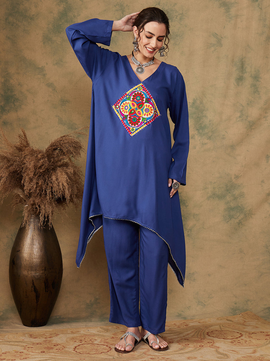 InWeave Women's Ink Blue Square Yellow Patch Work Assymentrical Kurta Set | Grocsy