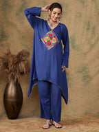 InWeave Women's Ink Blue Square Yellow Patch Work Assymentrical Kurta Set | Grocsy