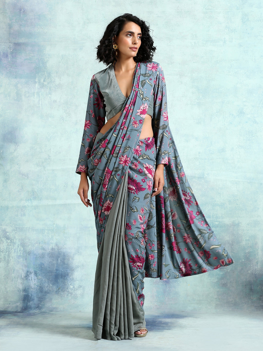 trueBrowns Grey Printed Velvet Ready to Wear Saree | Grocsy