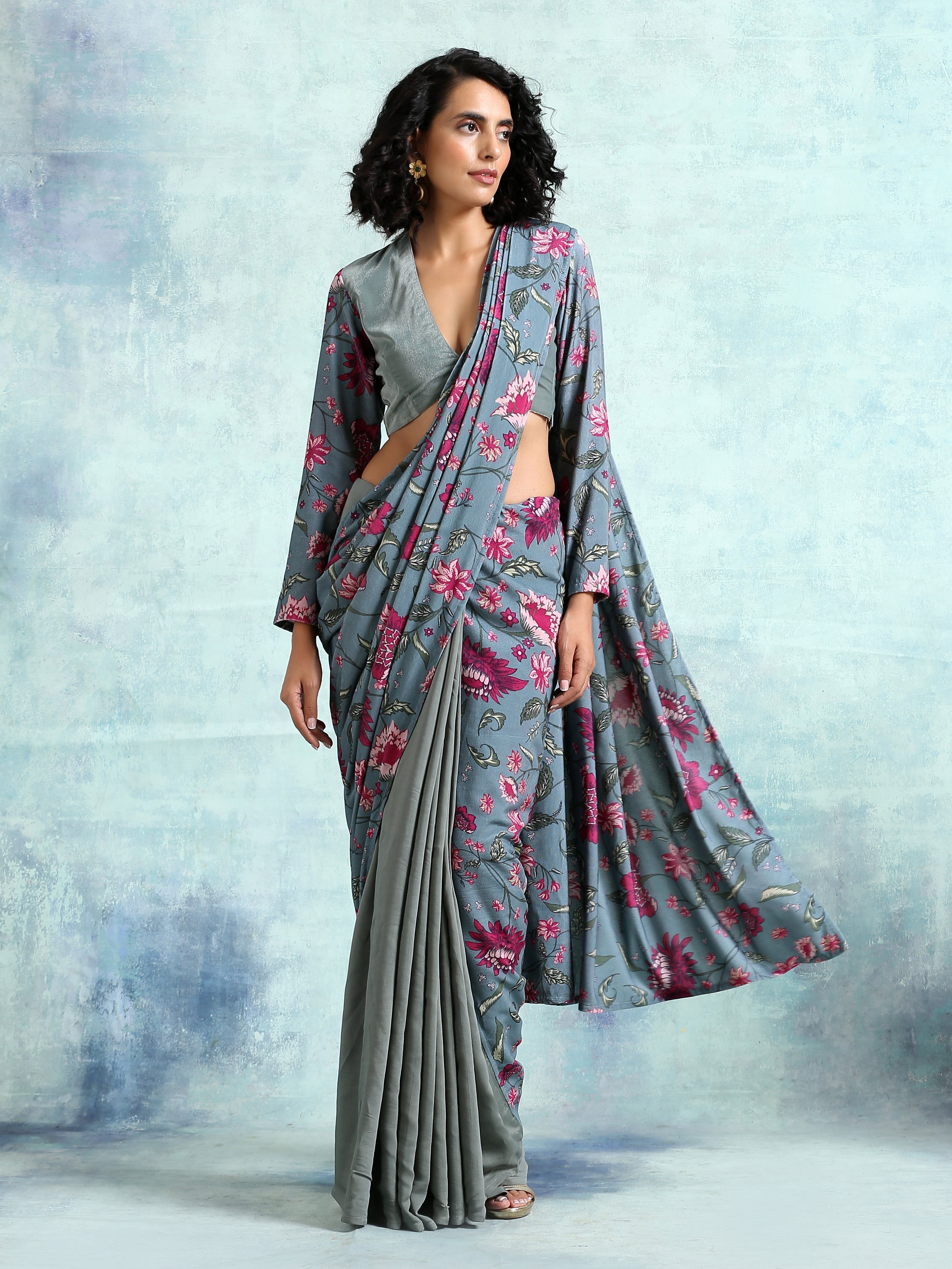 trueBrowns Grey Printed Velvet Ready to Wear Saree | Grocsy