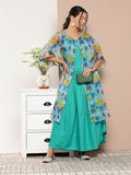 InWeave Women's Teal Blue Strappy Set With Blue Yellow Floral Cape | Grocsy