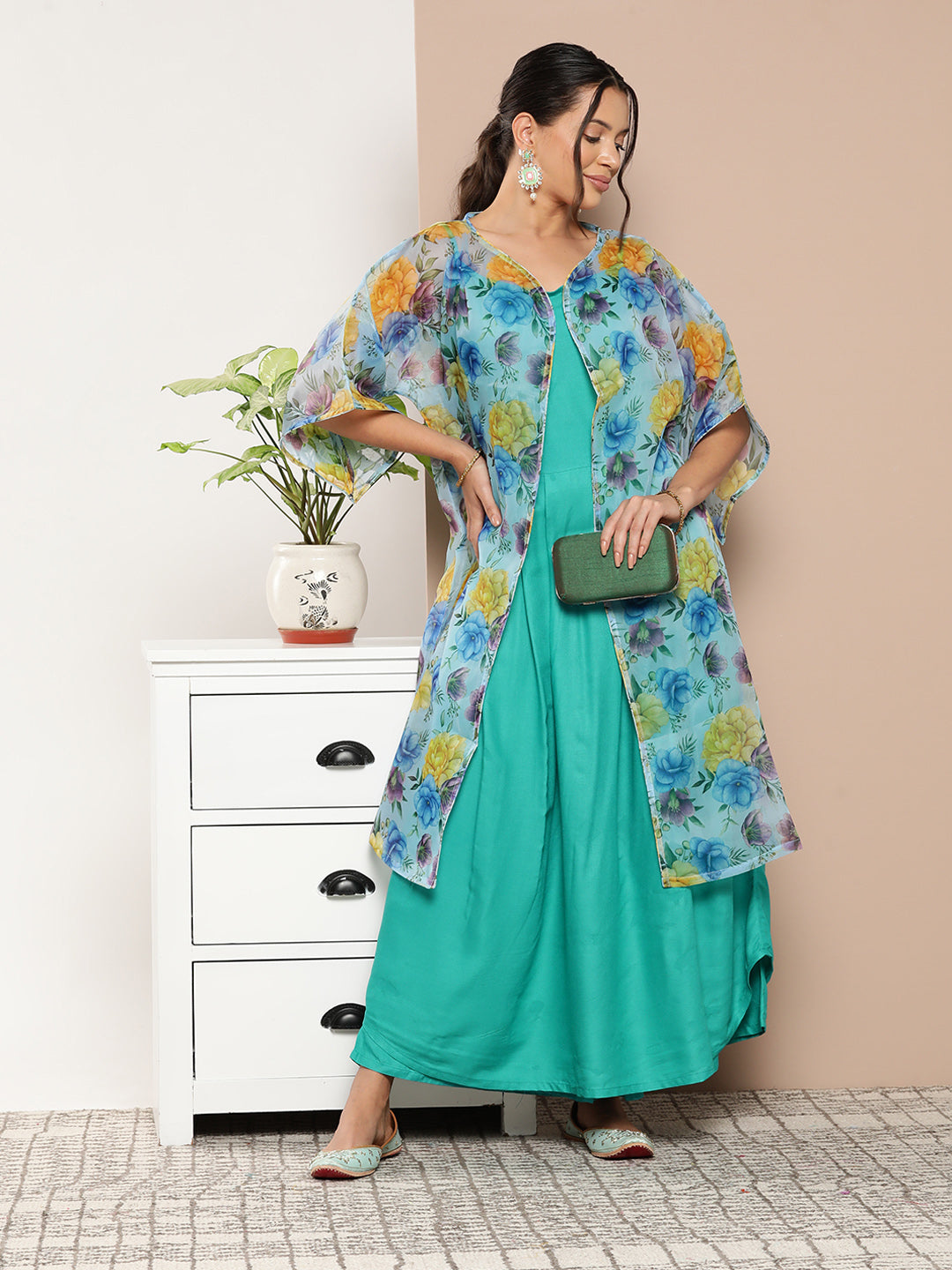 InWeave Women's Teal Blue Strappy Set With Blue Yellow Floral Cape | Grocsy