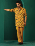 trueBrowns Men's Mustard Flower Stem Muslin Silk Printed Co-ord Set | Grocsy