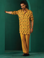 trueBrowns Men's Mustard Flower Stem Muslin Silk Printed Co-ord Set | Grocsy