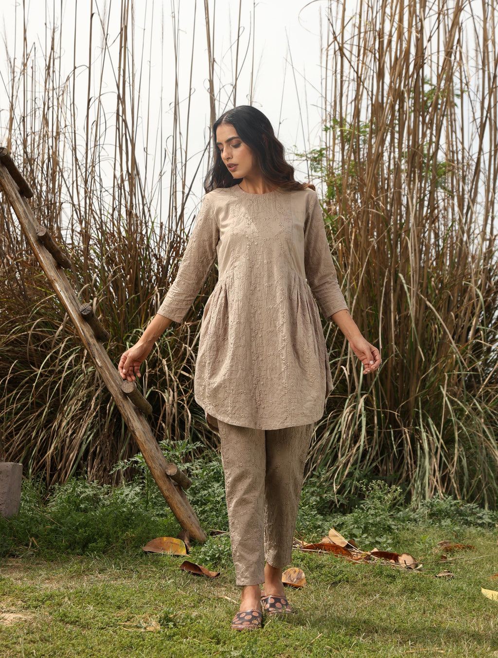 trueBrowns Khaki Cotton Embroidered Co-ord Set | Grocsy