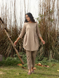 trueBrowns Khaki Cotton Embroidered Co-ord Set | Grocsy