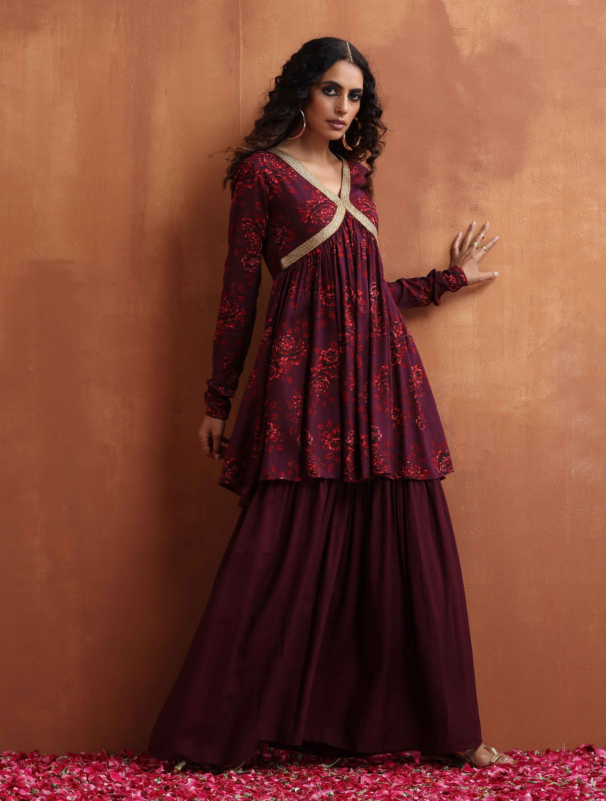 trueBrowns Purple Floral Print Sharara Set | Grocsy