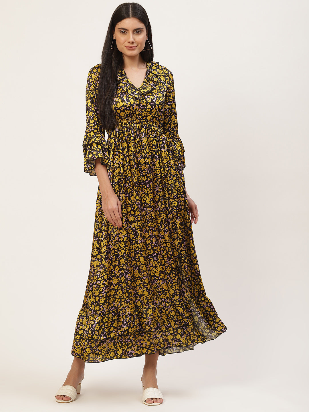 InWeave Women's Mustard Print Ruffled Dress | Grocsy