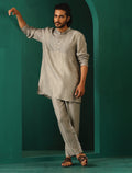 trueBrowns Men's Grey Silk Co-ord Set Yoke Detail | Grocsy