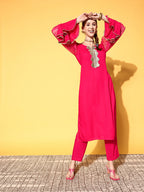 InWeave Women's Fuschia Organza Sleeve Gota Work Kurta Set | Grocsy
