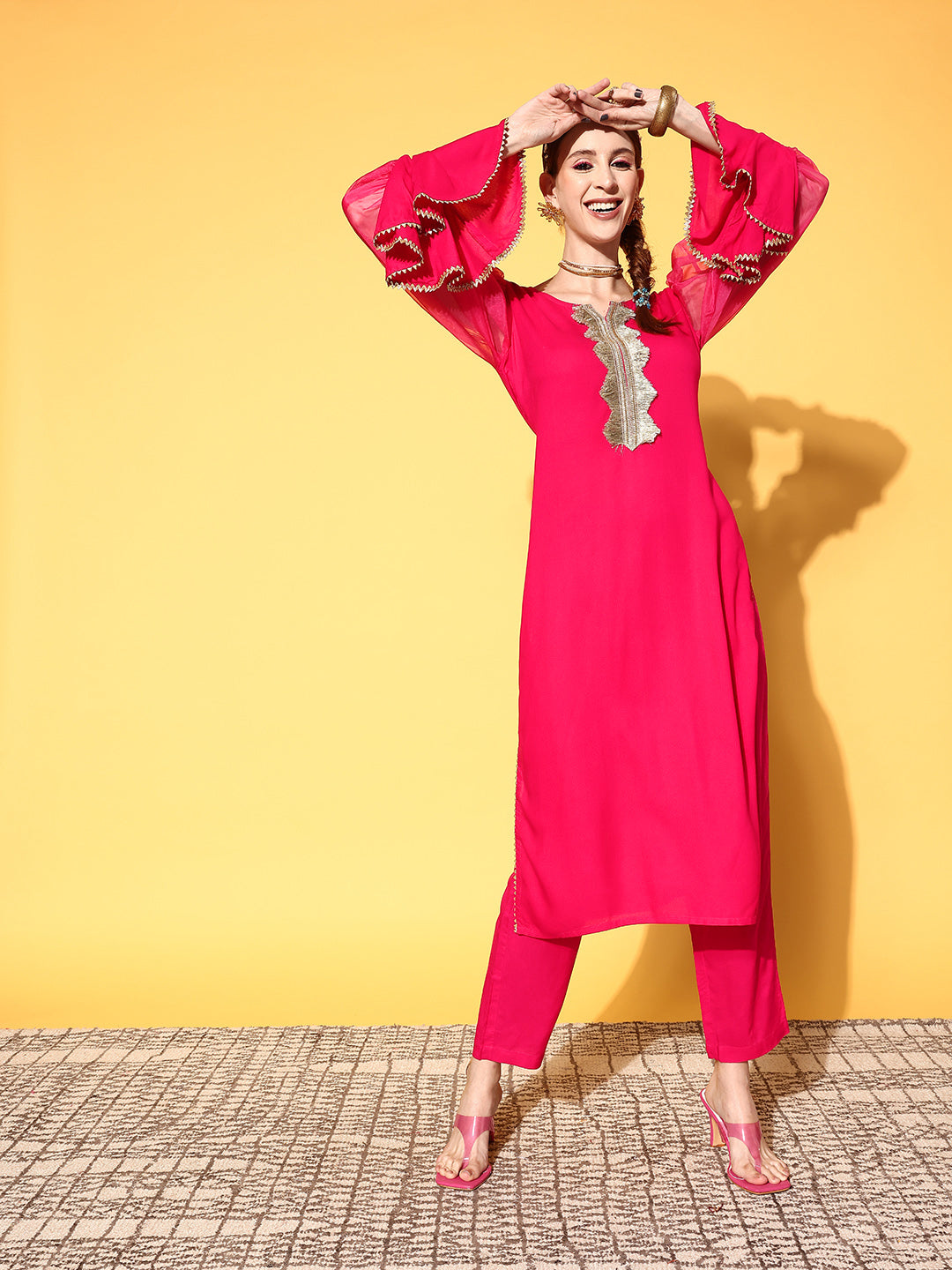 InWeave Women's Fuschia Organza Sleeve Gota Work Kurta Set | Grocsy