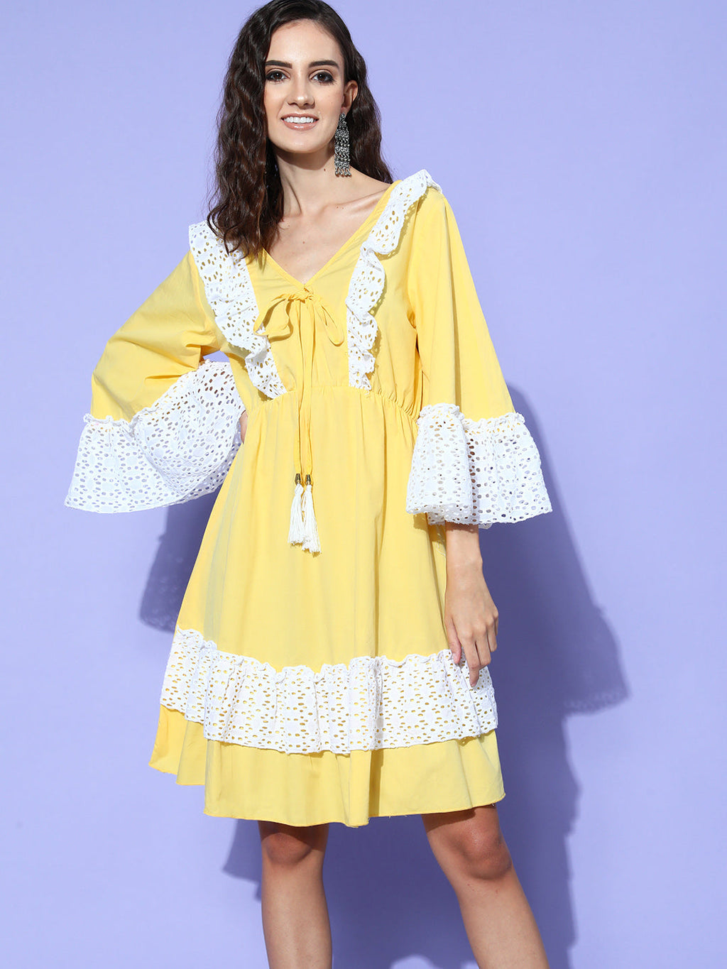 InWeave Women's Yellow Lacy Short Dress | Grocsy