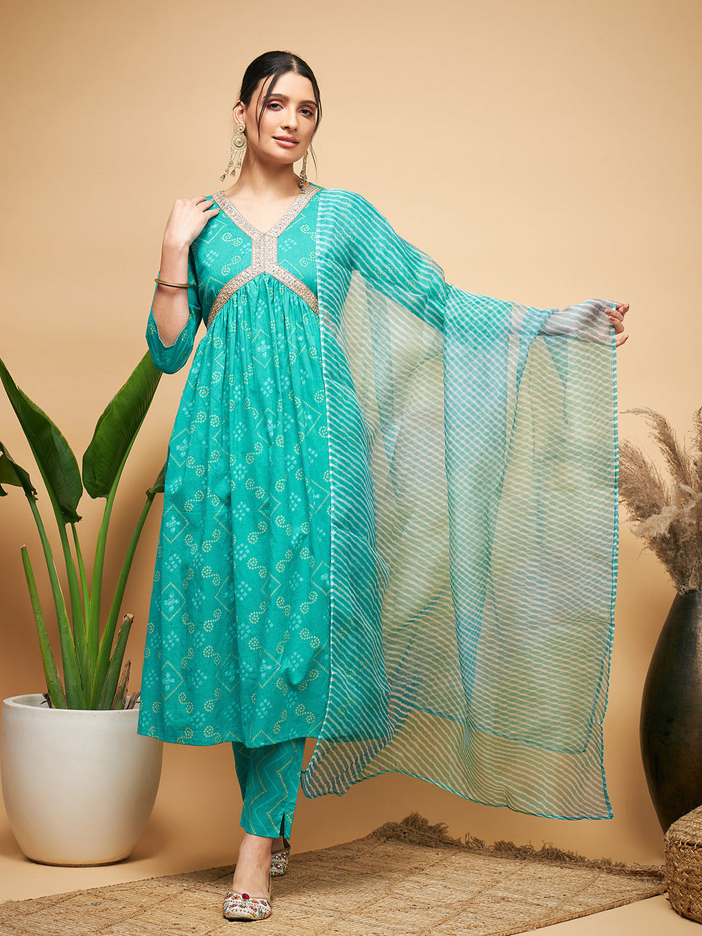 InWeave Women's Aqua S Print Alia Cut Gota Work Kurta Set W Aqua Le Du | Grocsy