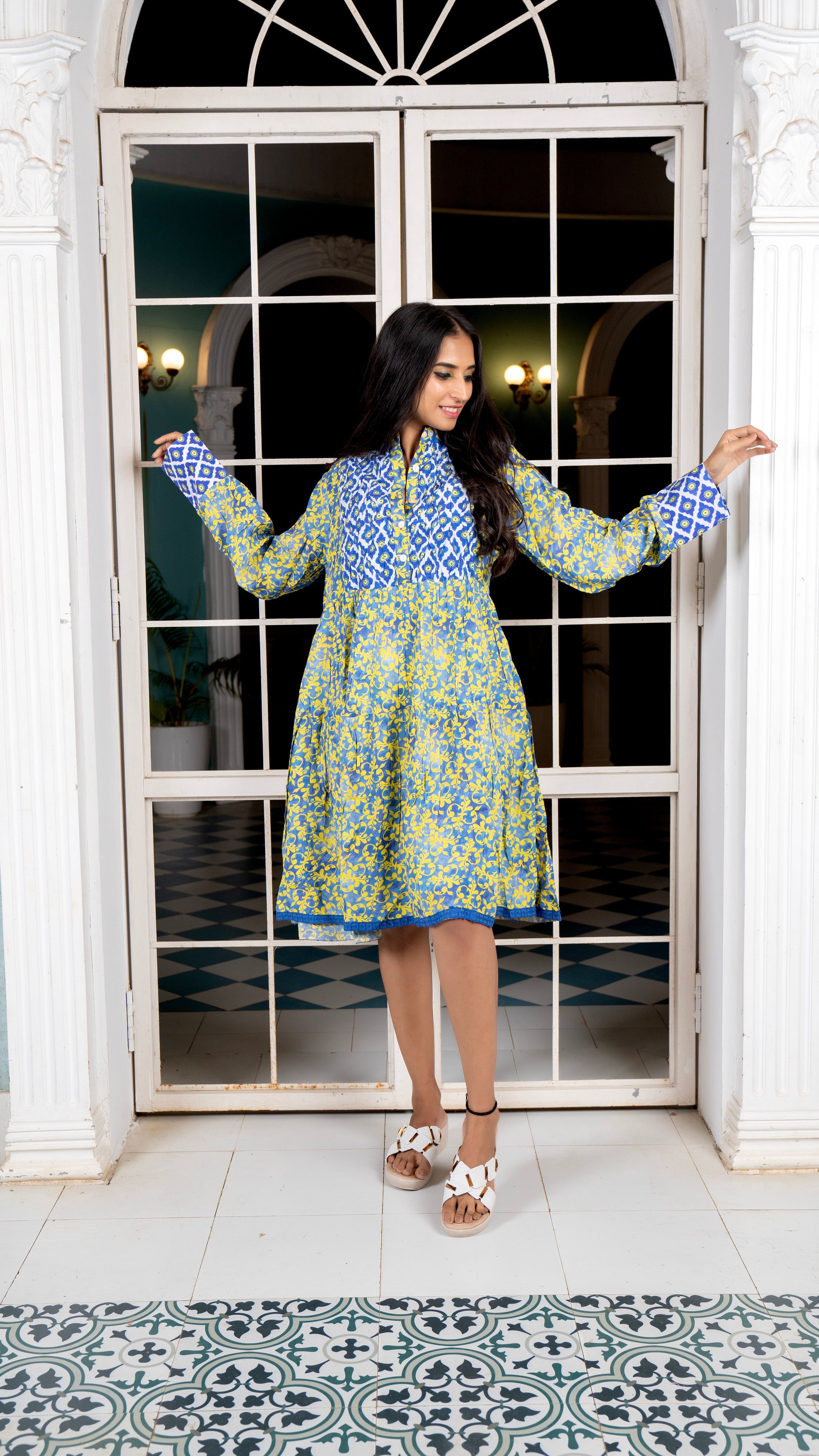 Noroke Sustainable fabric | Cupro Muslin Blue Pottery Tunic Dress | Grocsy