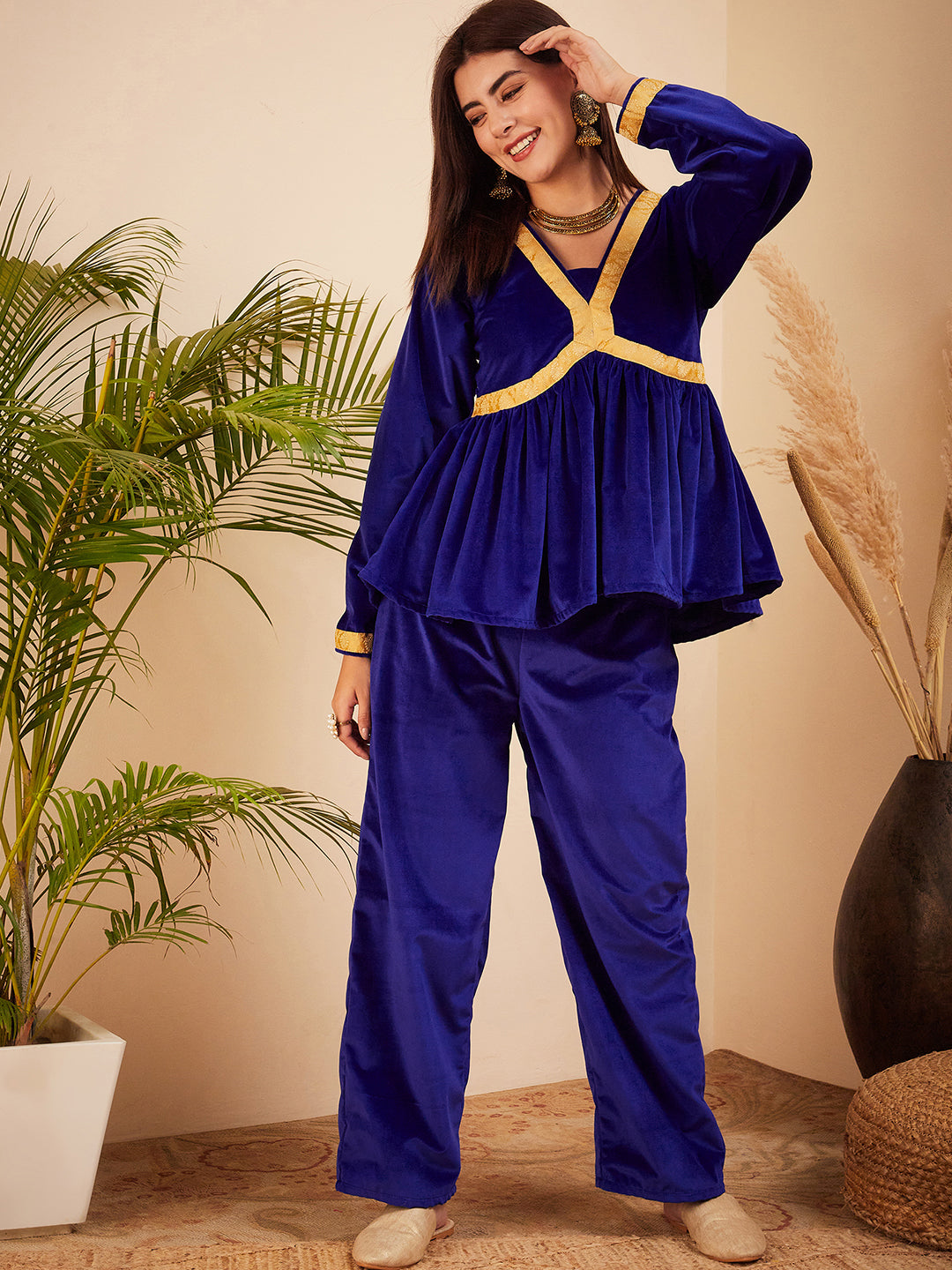 InWeave Women's Royal Blue Mughal Shaan Style Velvet Short Kurta Set | Grocsy