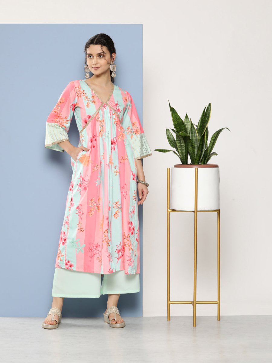 Ahalyaa Women Floral Printed Pleated Gotta Patti Kurta With Palazzos | Grocsy