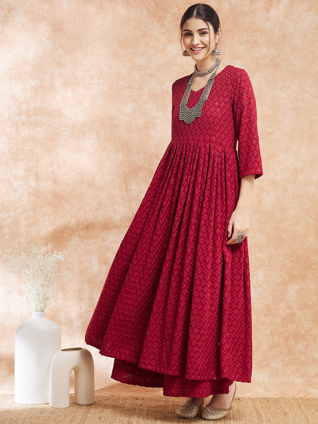InWeave Women's Maroon Chikankari Long Anarkali Kurta Sharara Set | Grocsy