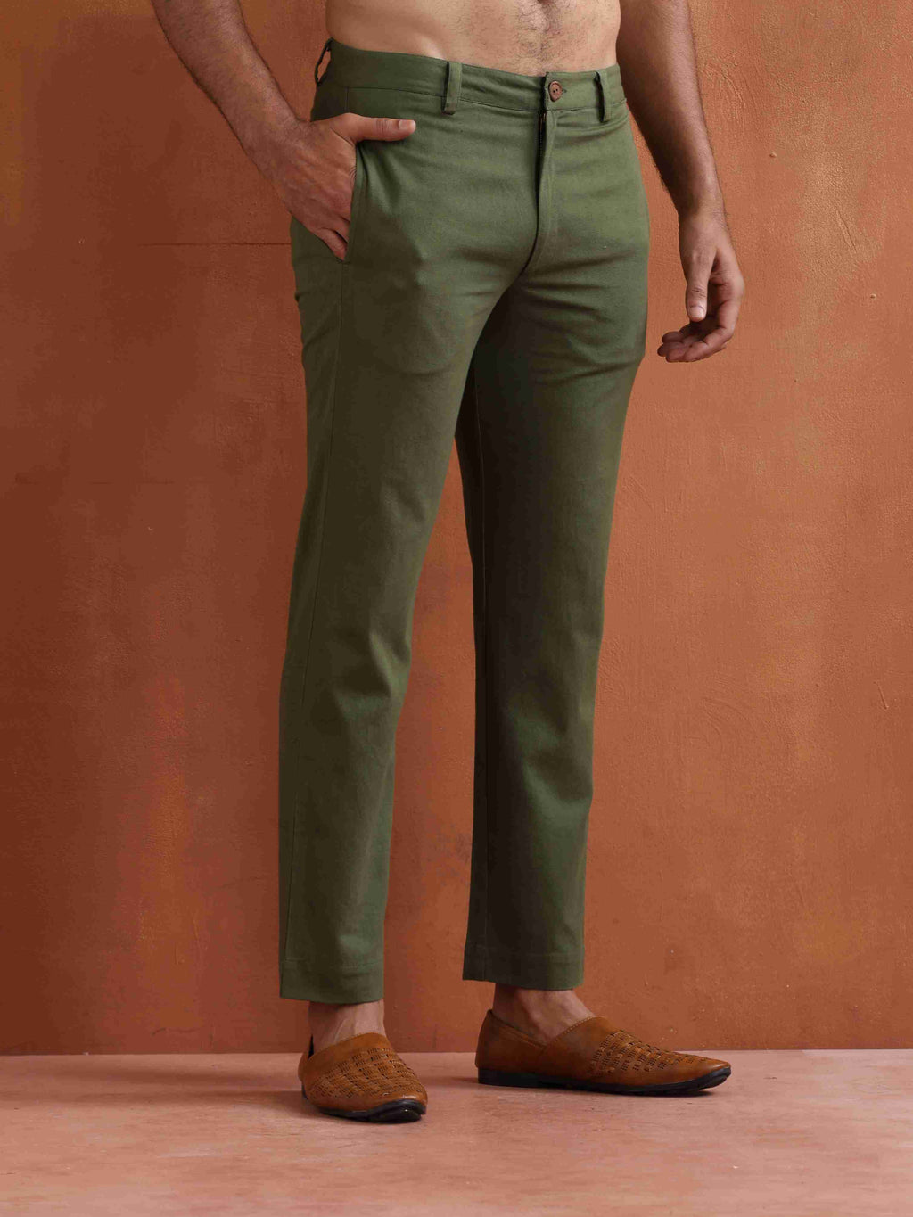 trueBrowns Men's Olive Green Cotton Twill Pants | Grocsy