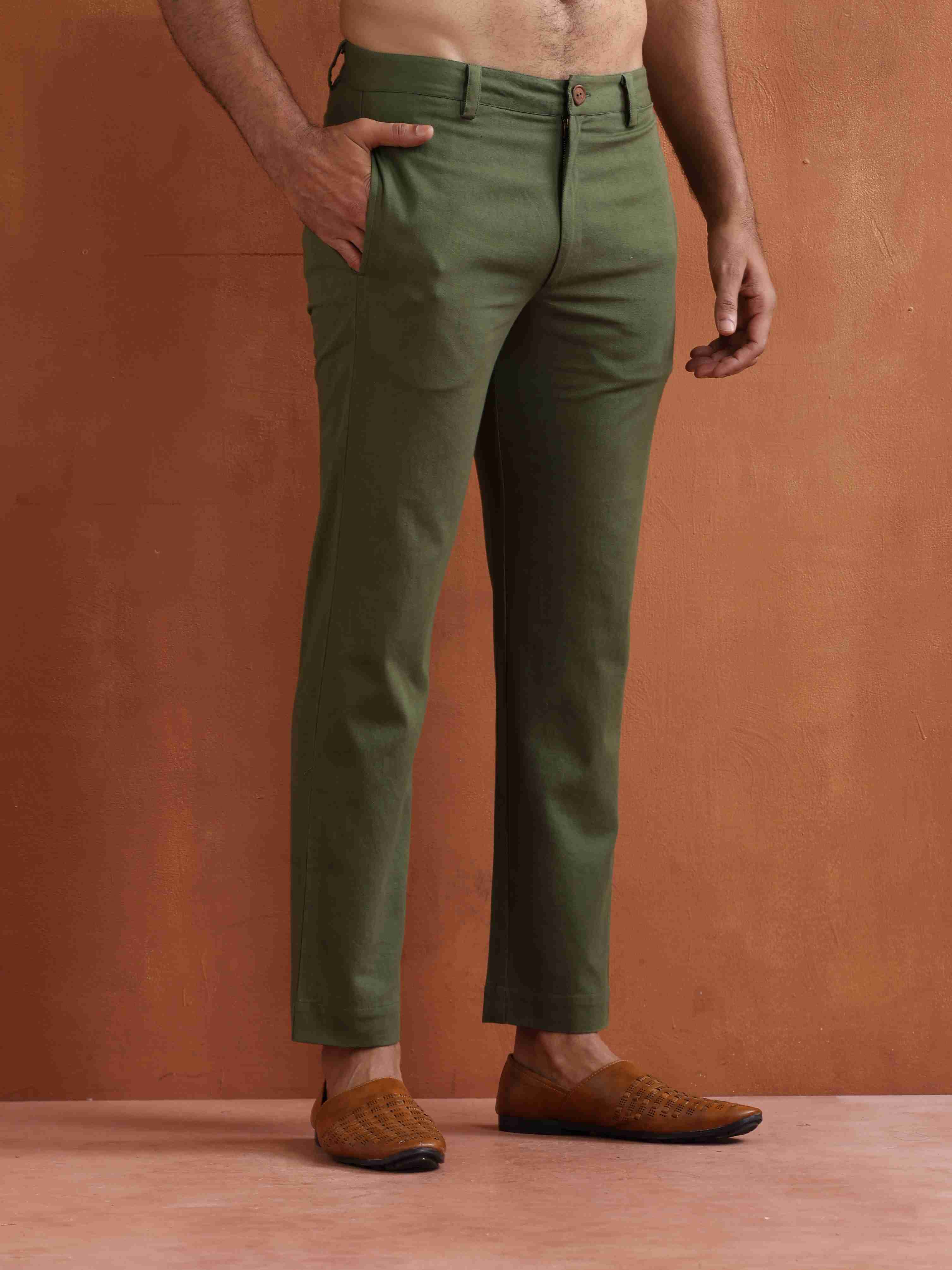 trueBrowns Men's Olive Green Cotton Twill Pants | Grocsy