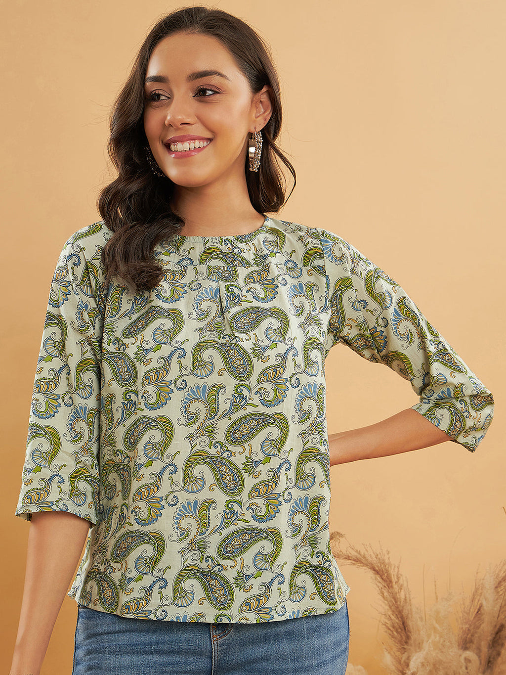 InWeave Women's Sage Green Paisley Print Top | Grocsy