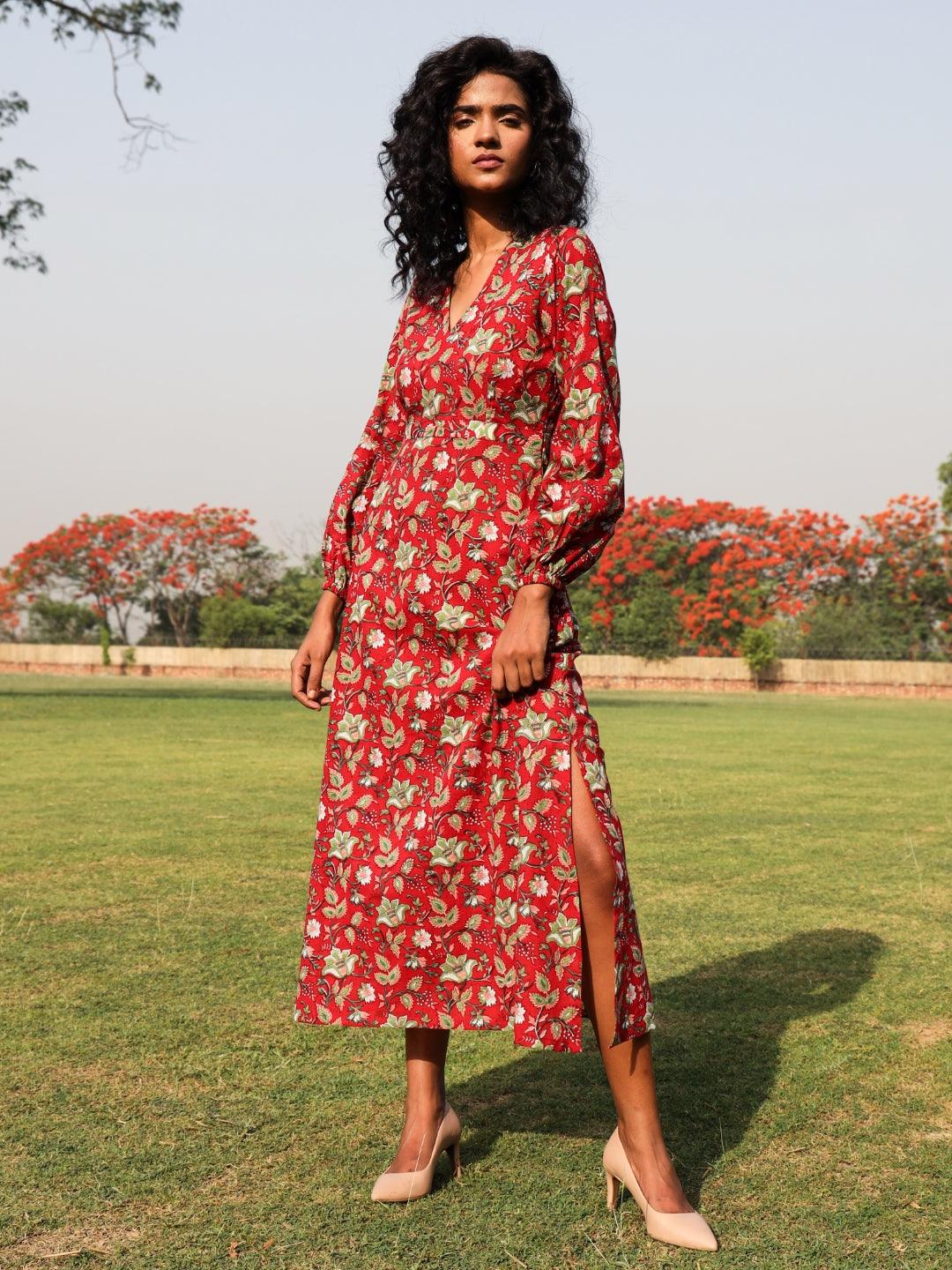trueBrowns Red Cotton Block Print Backless Dress | Grocsy