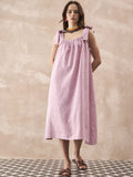 InWeave Dull Pink Linen Round Pleat Bow Dress | Grocsy