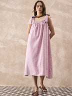 InWeave Dull Pink Linen Round Pleat Bow Dress | Grocsy